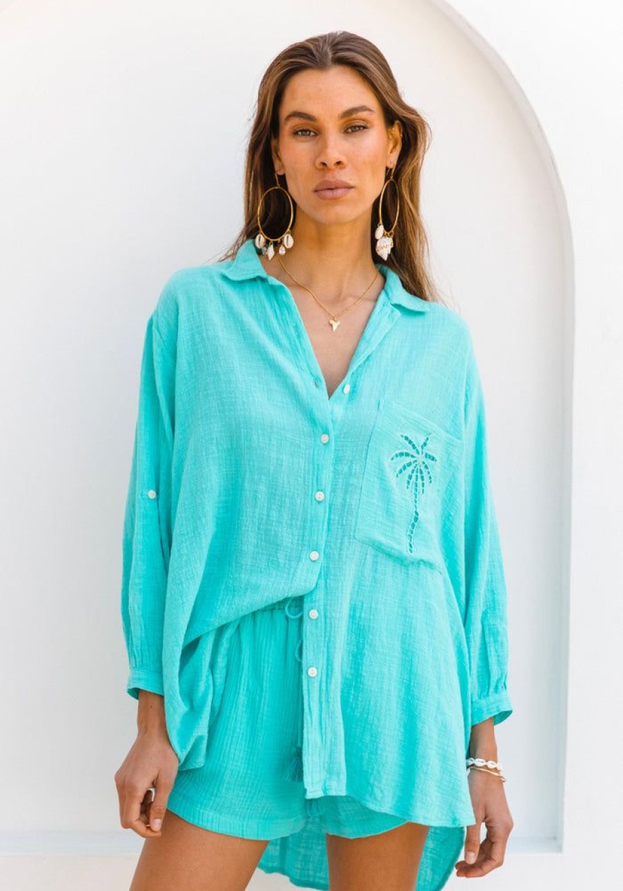 Fashion Cabo Tops | 3 Palms Shirt- Turquoise Presale