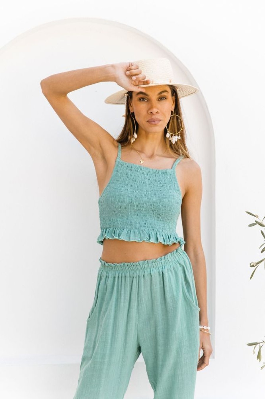 Fashion Cabo Tops | Tahnee Shirred Crop - Sea Green