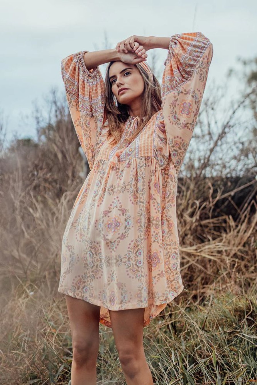 Fashion Love St the label Mini Dress | Savanna Smock Dress- Peach