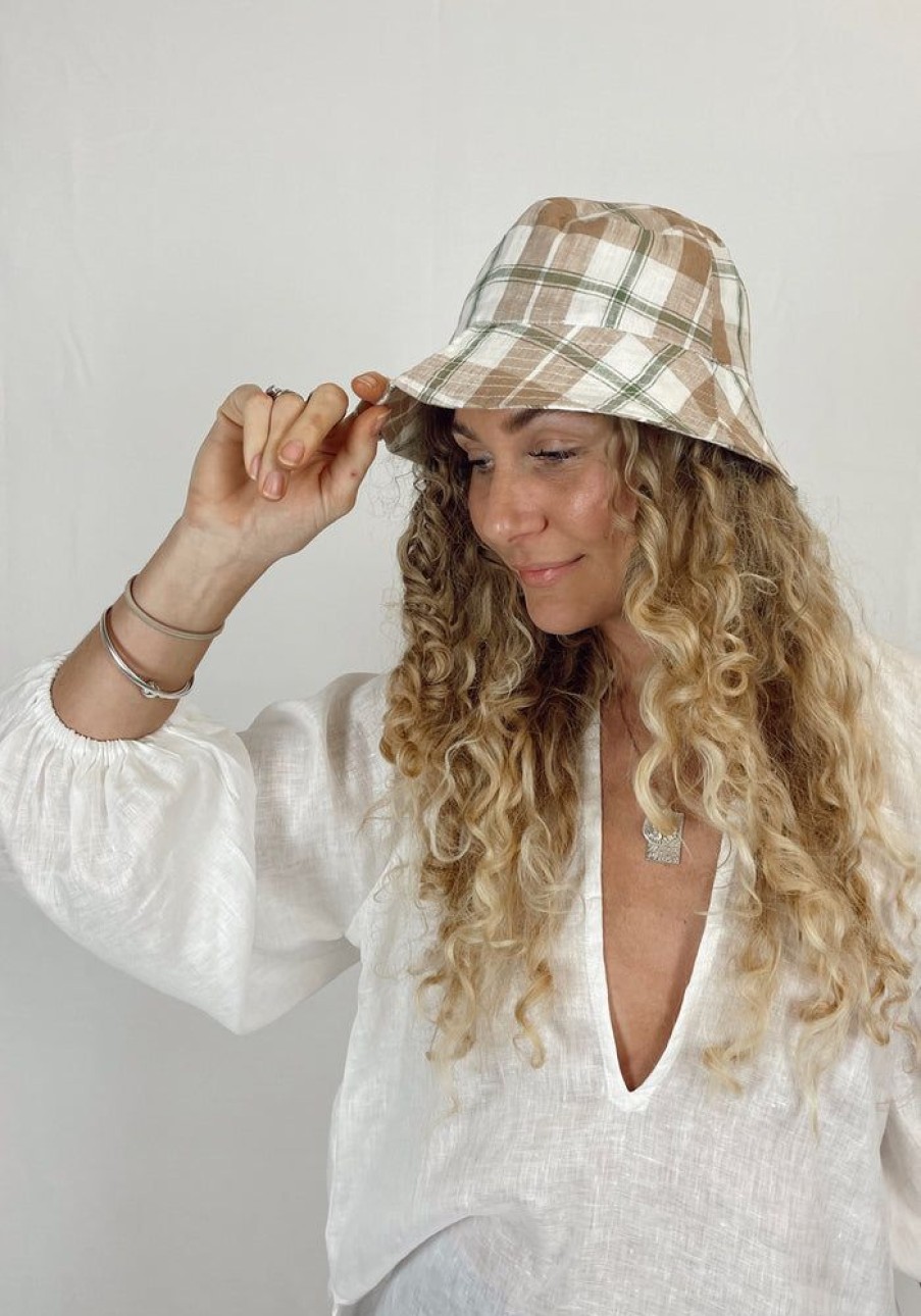 Accessories Lilya Hats + Scarves | Linen Buckethat - Green Sand Check