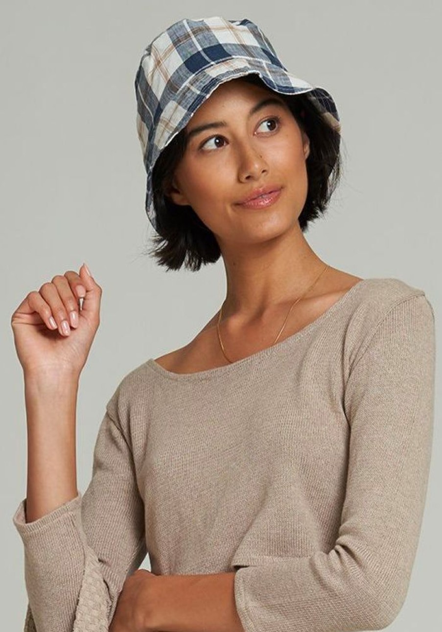 Accessories Lilya Hats + Scarves | Linen Hat - Navy Sand Check