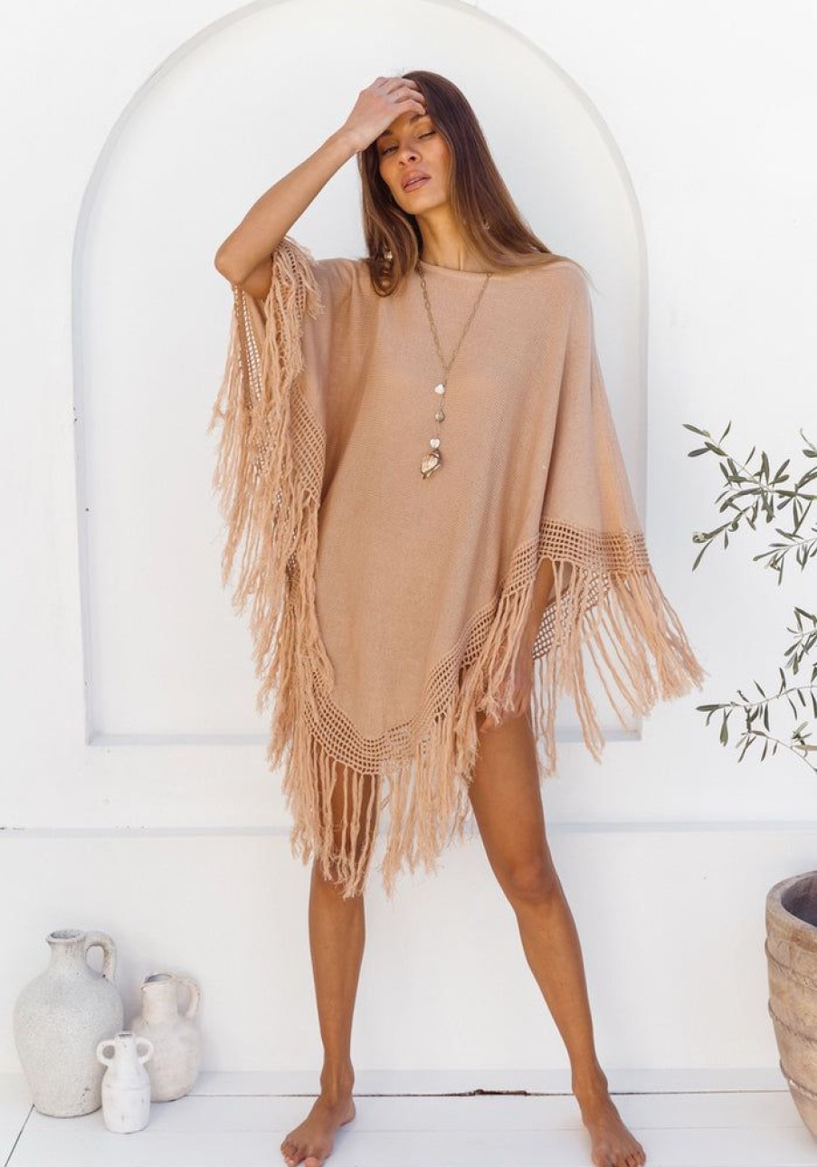 Fashion Cabo Tops | Chelsey Knit Poncho - Sand Peach Sand