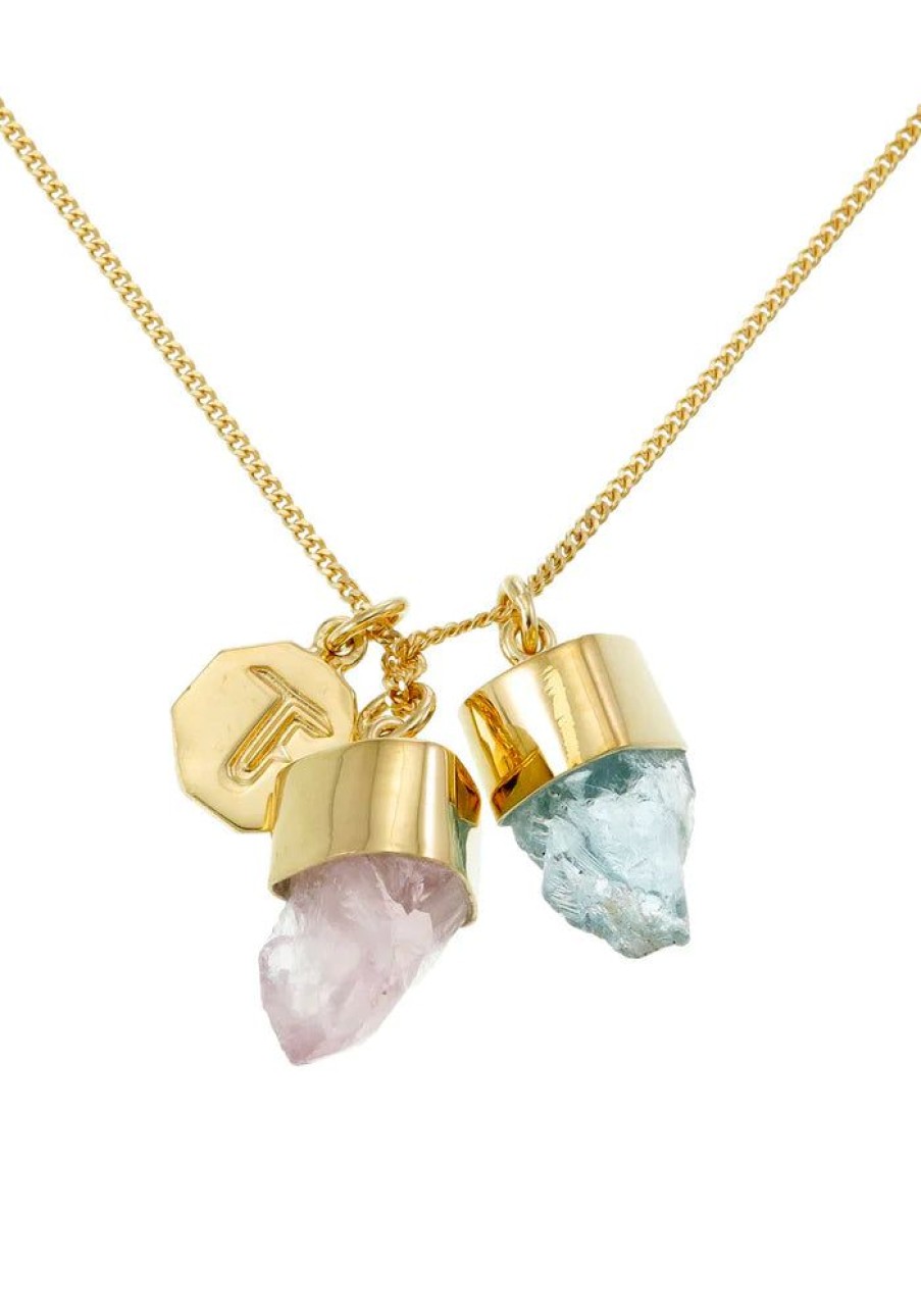 Accessories Tiger Frame Gold Jewels | Tiger Frame Charm Aquamarine & Rose Qtz Necklace