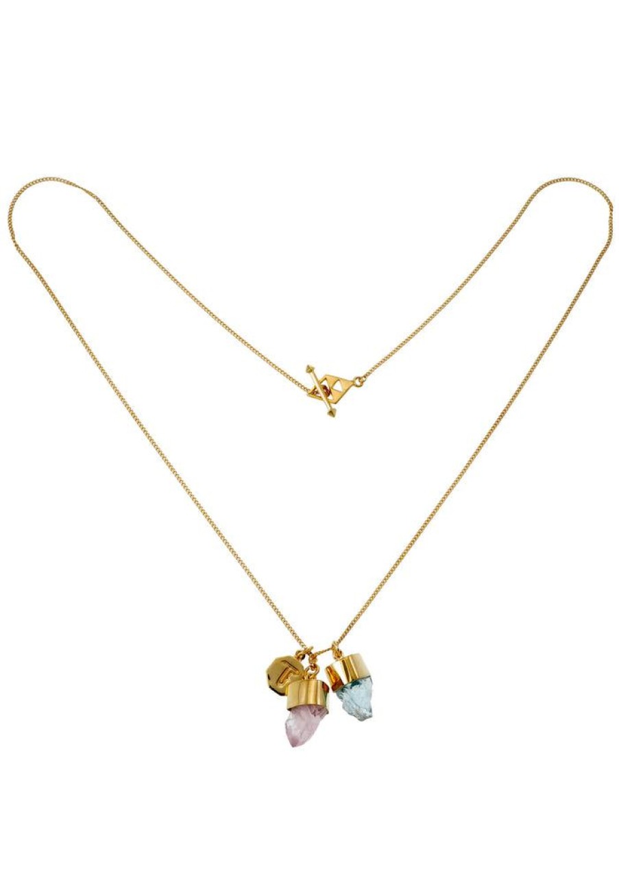 Accessories Tiger Frame Gold Jewels | Tiger Frame Charm Aquamarine & Rose Qtz Necklace