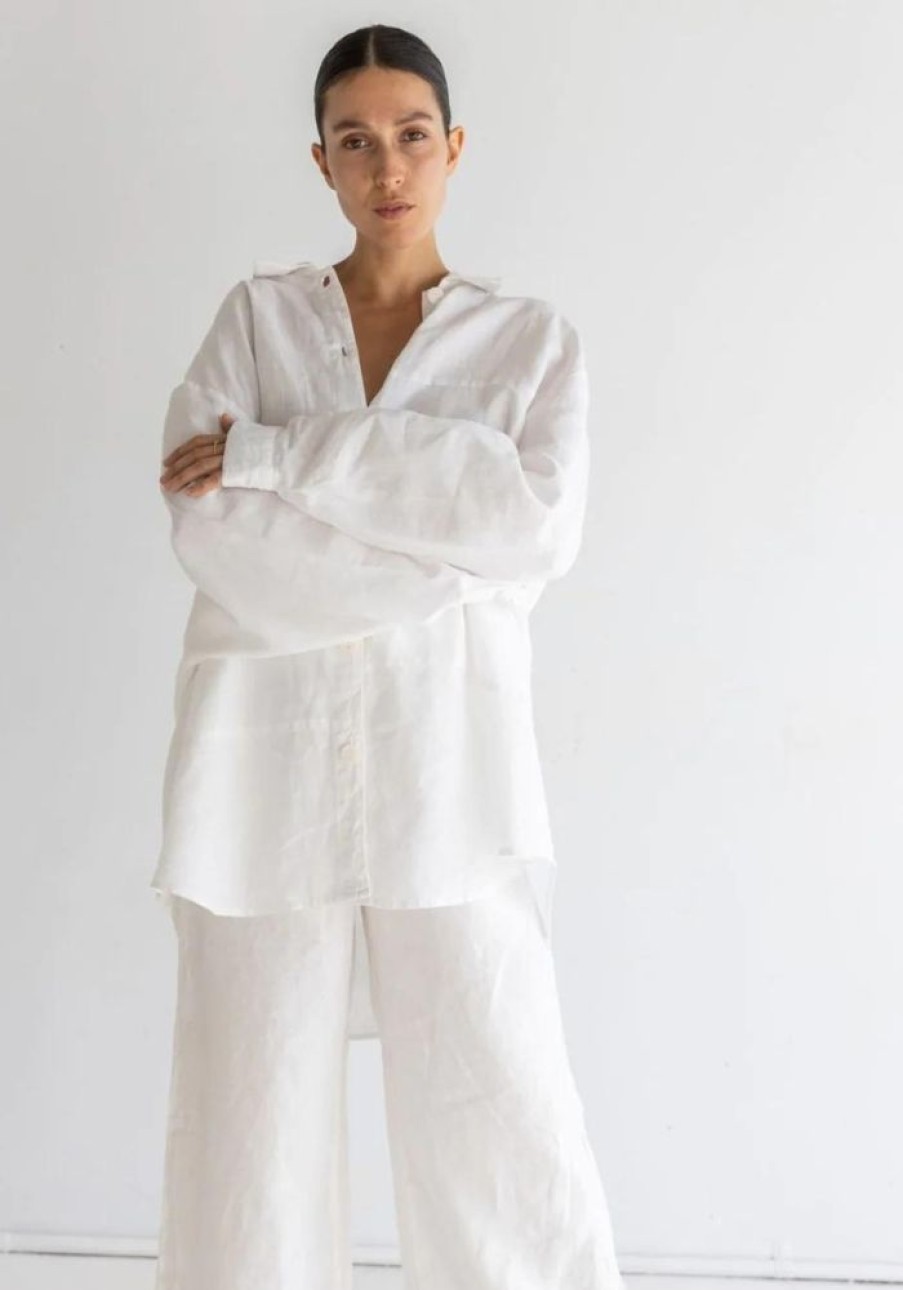 Fashion Moss Living Tops | Oversized Linen Shirt - Sundae White