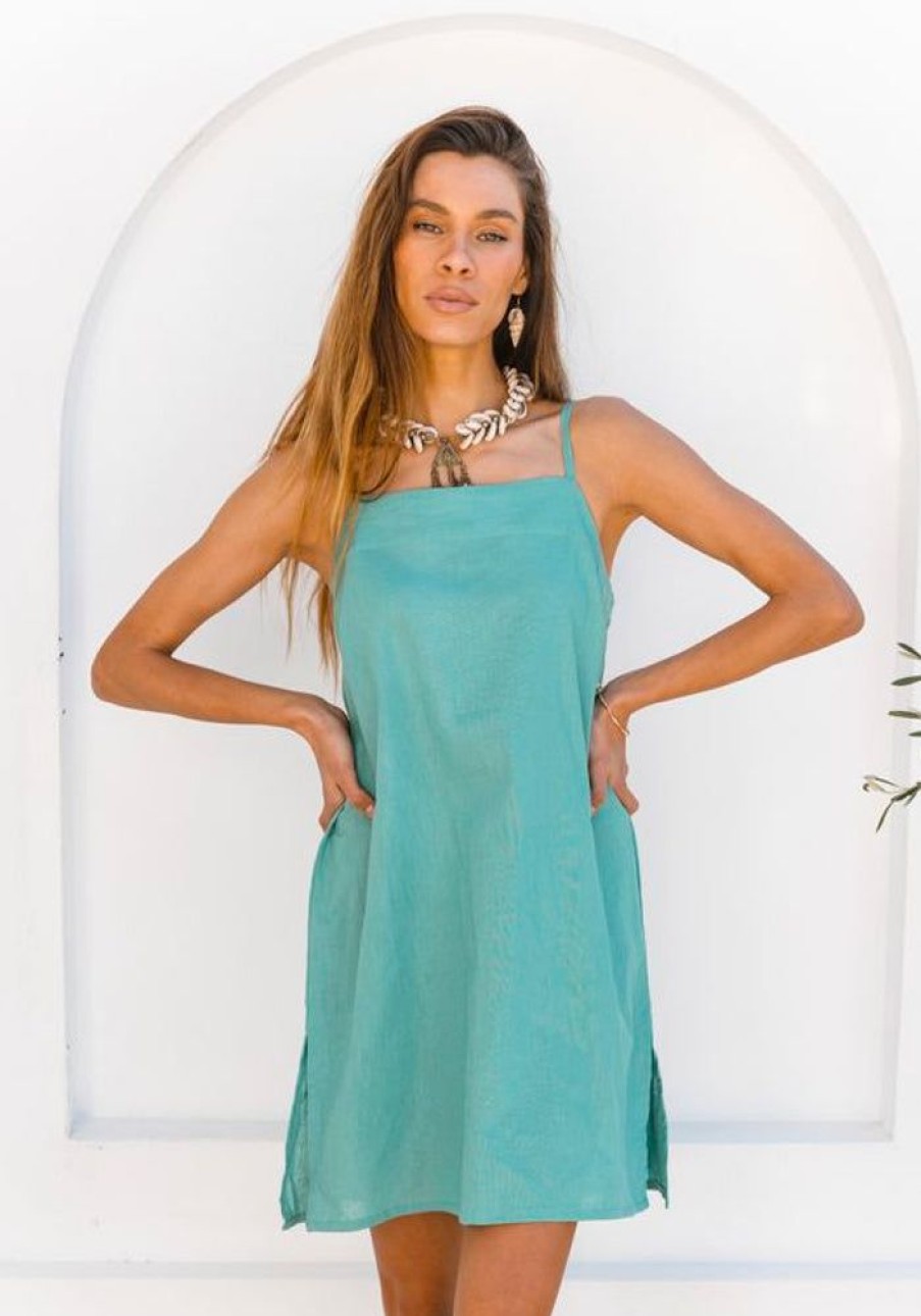 Fashion Cabo Mini Dress | Cassidy Linen Slip Dress - Sea Green