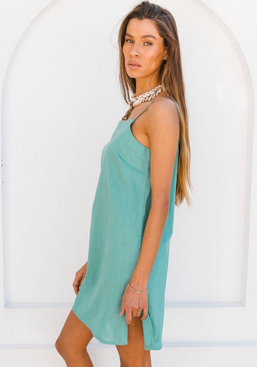 Fashion Cabo Mini Dress | Cassidy Linen Slip Dress - Sea Green