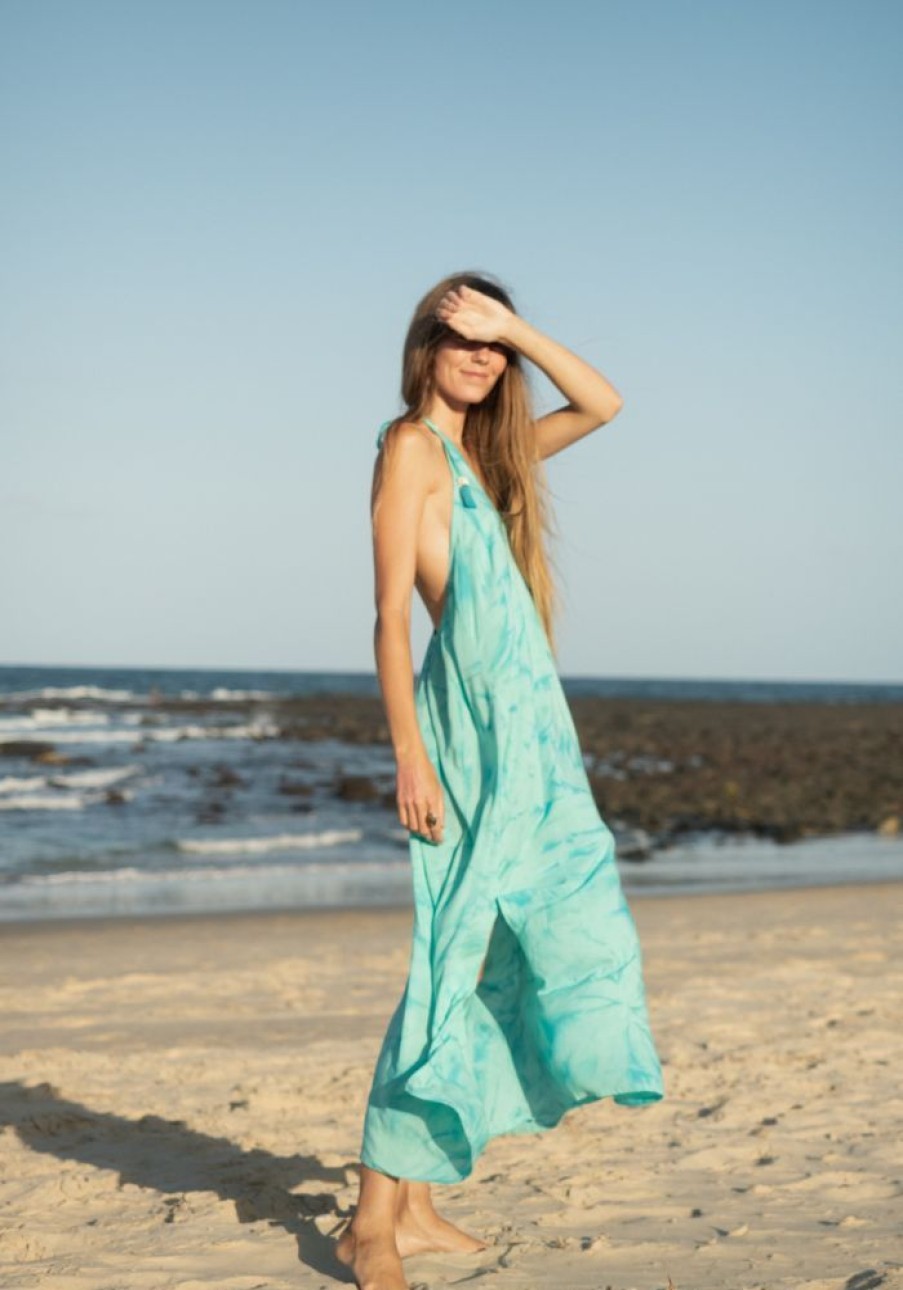 Fashion Cabo Maxi Dress | Temple Backless Tie Dye Maxi Dress- Turquoise