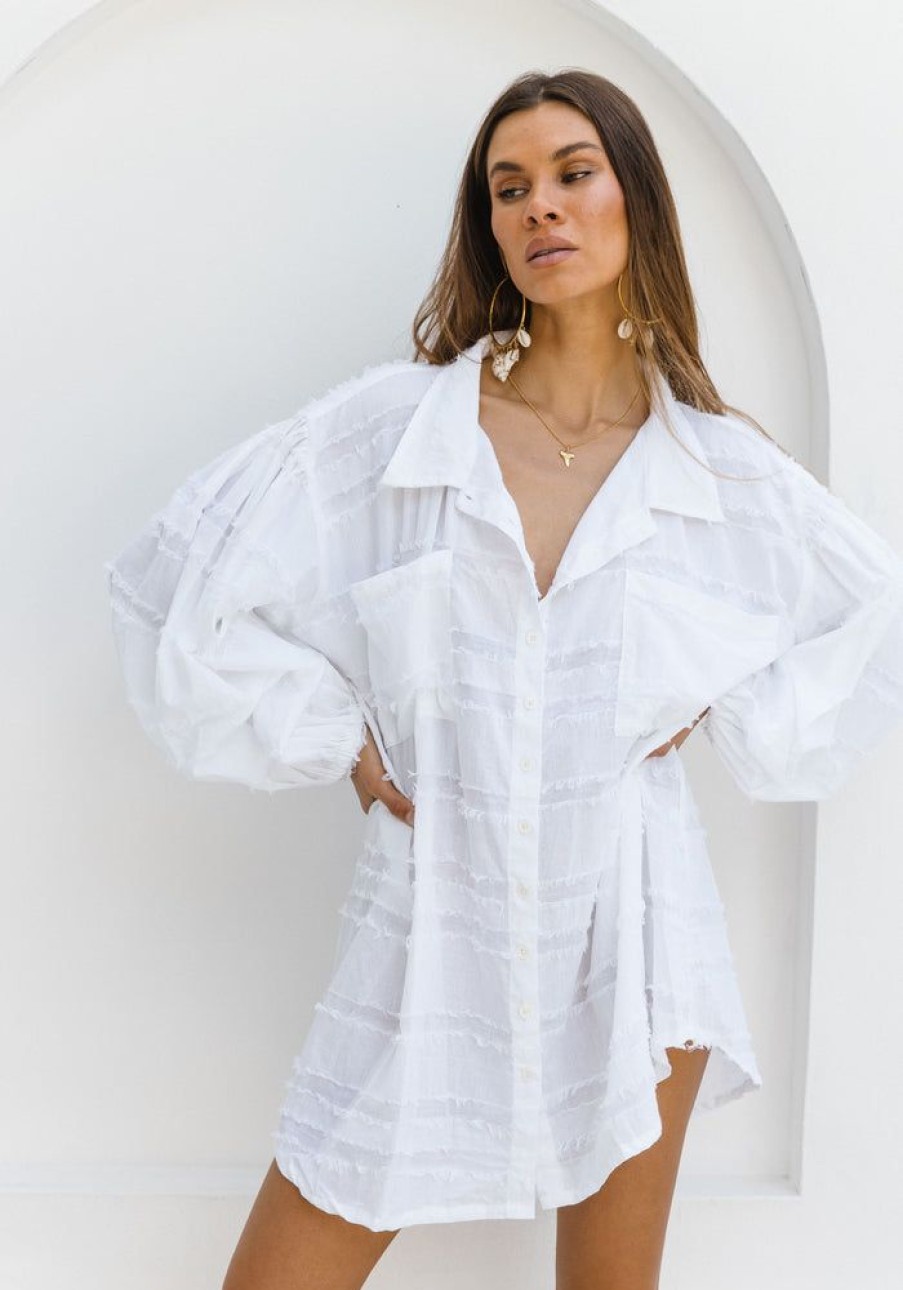 Fashion Cabo Mini Dress | Capri Shirt Dress - Frayed White